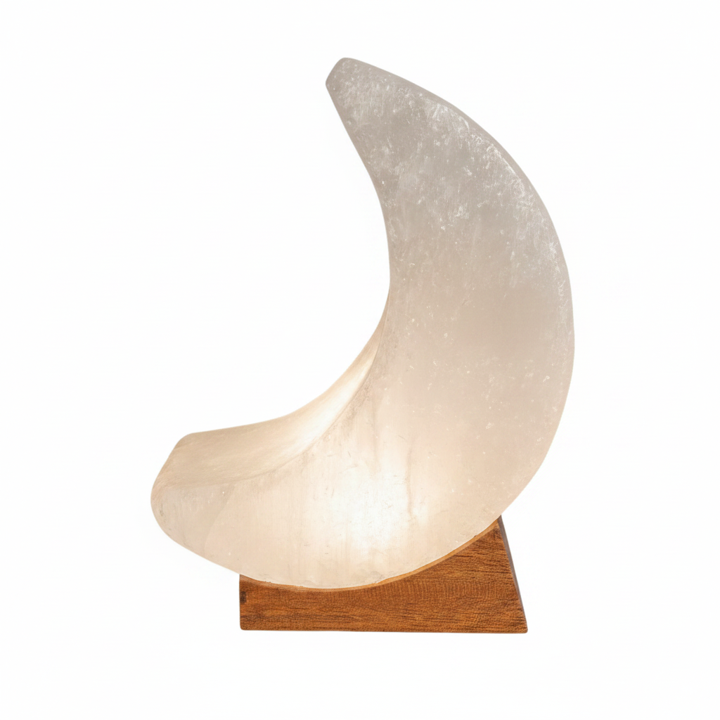 Lampada luna selenite su sfondo bianco