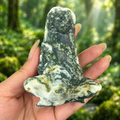 Madre Terra in agata muschiata in mano su verde bosco