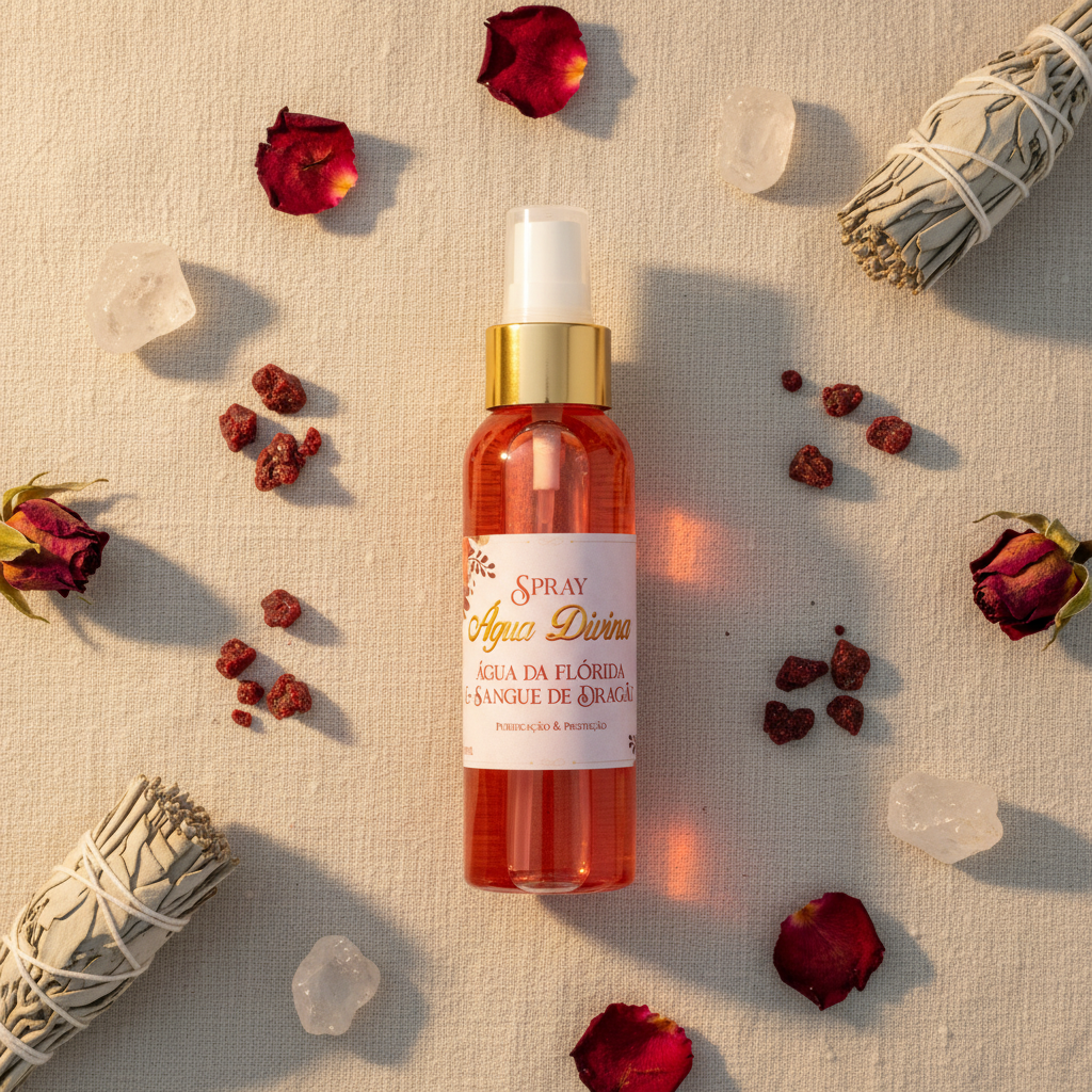 Spray Agua Divina flat lay su lino con resina e petali