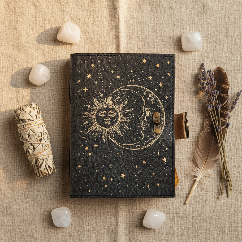 Grimorio Sole e Luna - flatlay lino con moonstone e lavanda