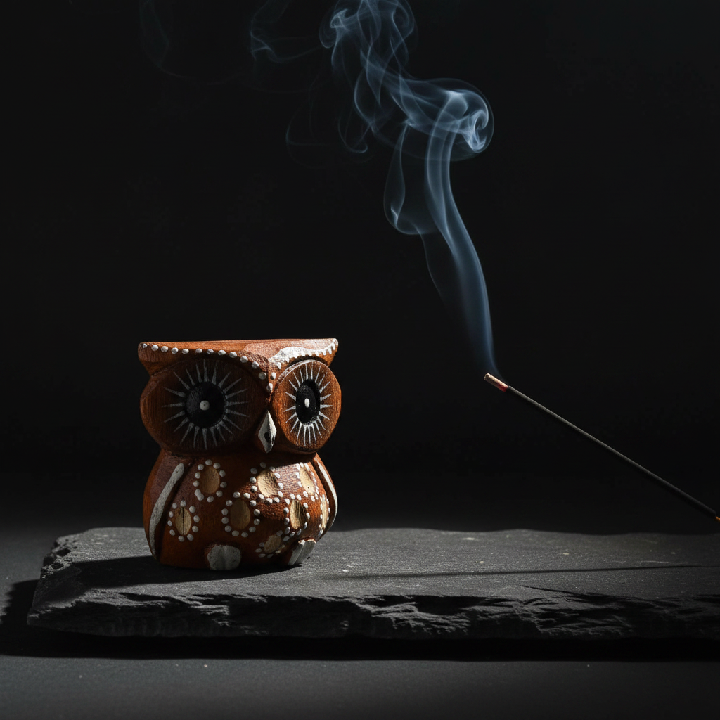 Civetta in legno con incenso e fumo