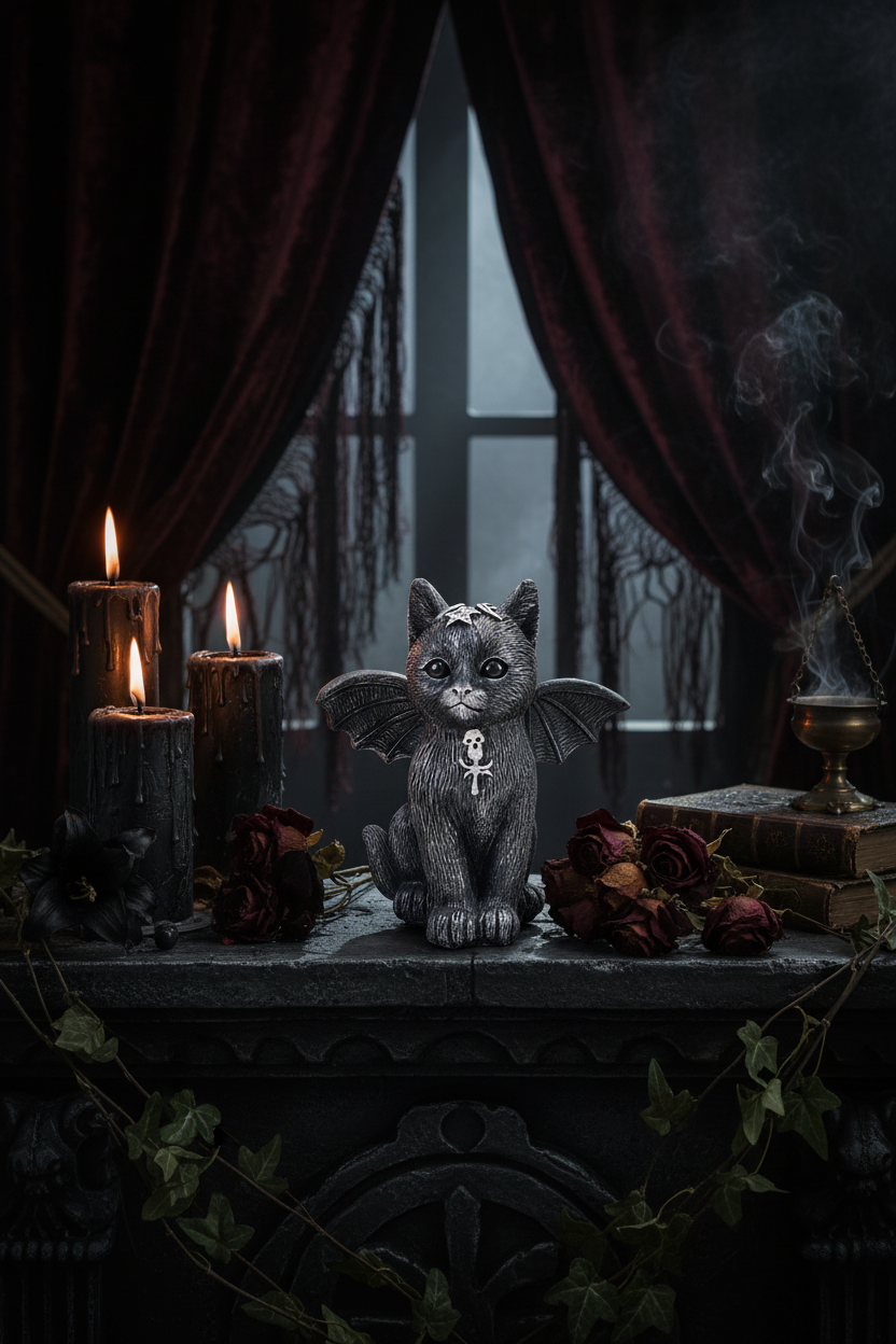 Statuina gatto Baphomet - altare con candele nere