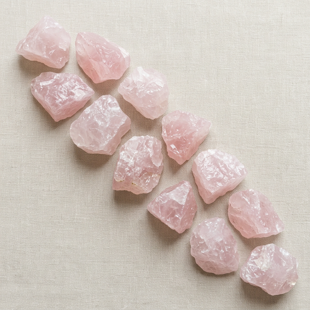 Quarzo rosa grezzo su lino