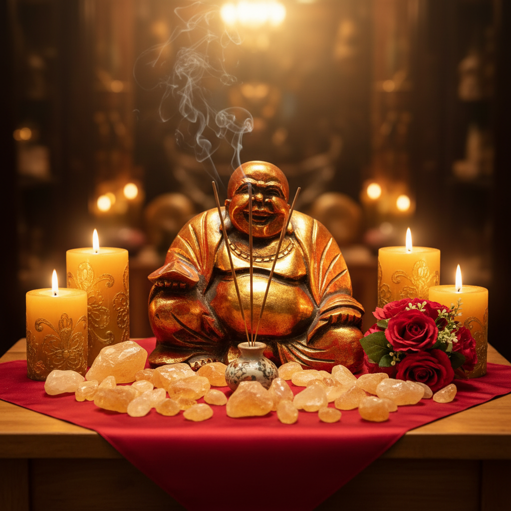 Buddha ridente grande - altare abbondanza con candele dorate