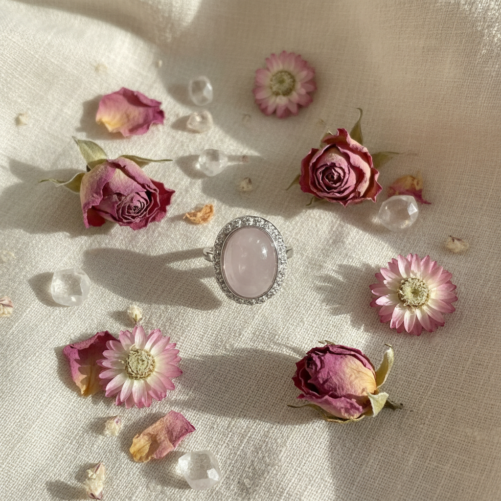 Anello quarzo rosa zirconi composizione fiori