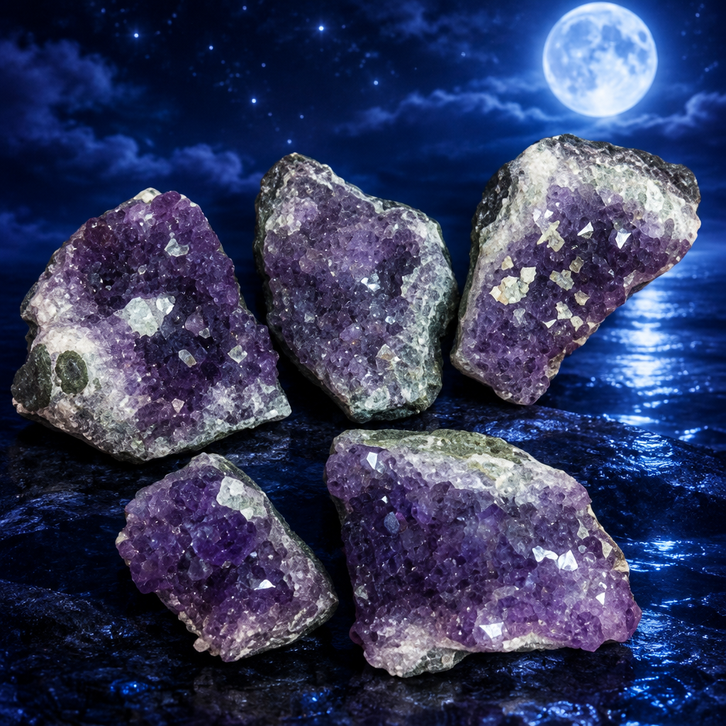Druse di ametista su sfondo blu lunare