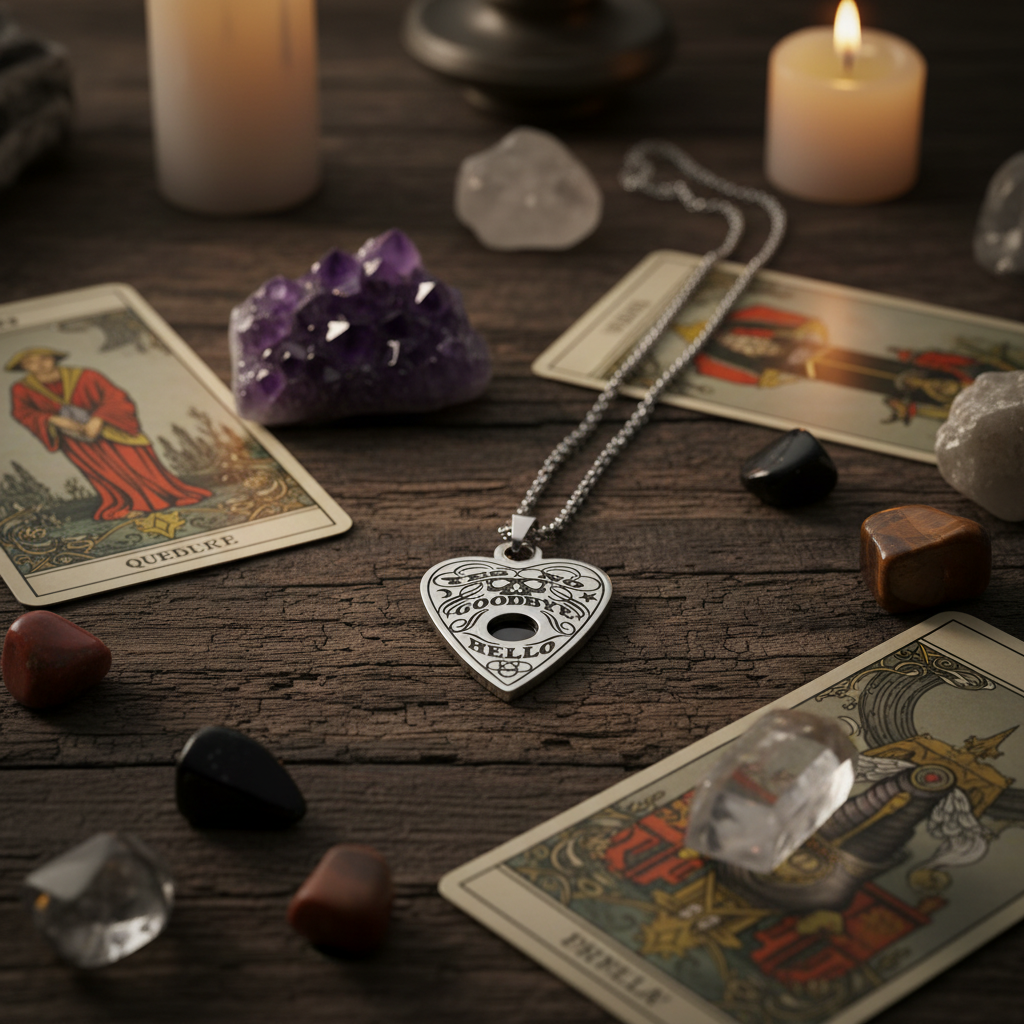 Collana Planchette Ouija - legno scuro con tarocchi e cristalli
