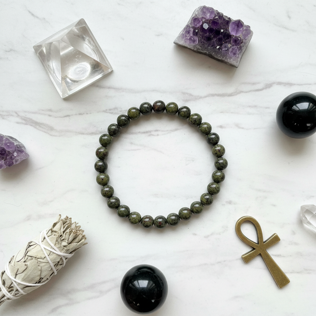 Bracciale Sangue di Drago 8mm - flat lay con cristalli