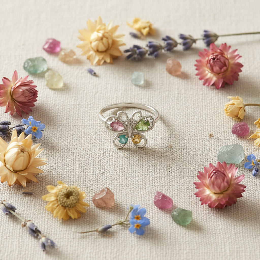 Anello farfalla tormalina composizione fiori