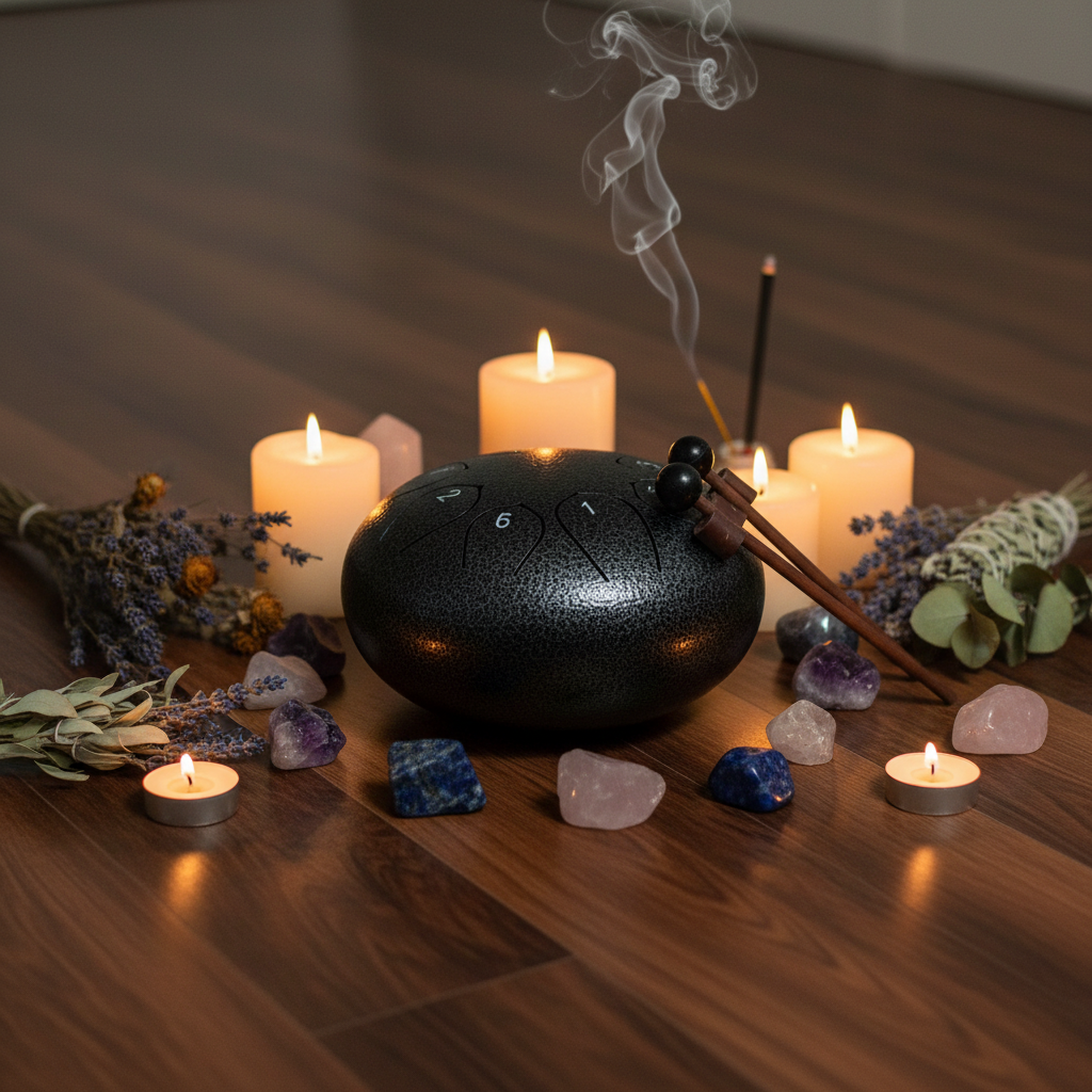 Tongue drum nero - rituale con cristalli