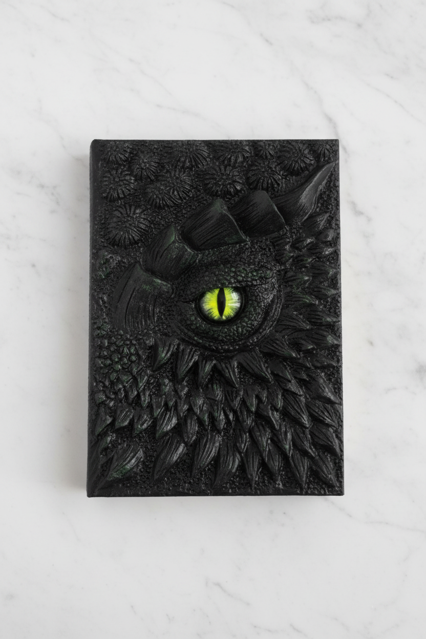 Grimorio Occhio di Drago Nero - flatlay su marmo