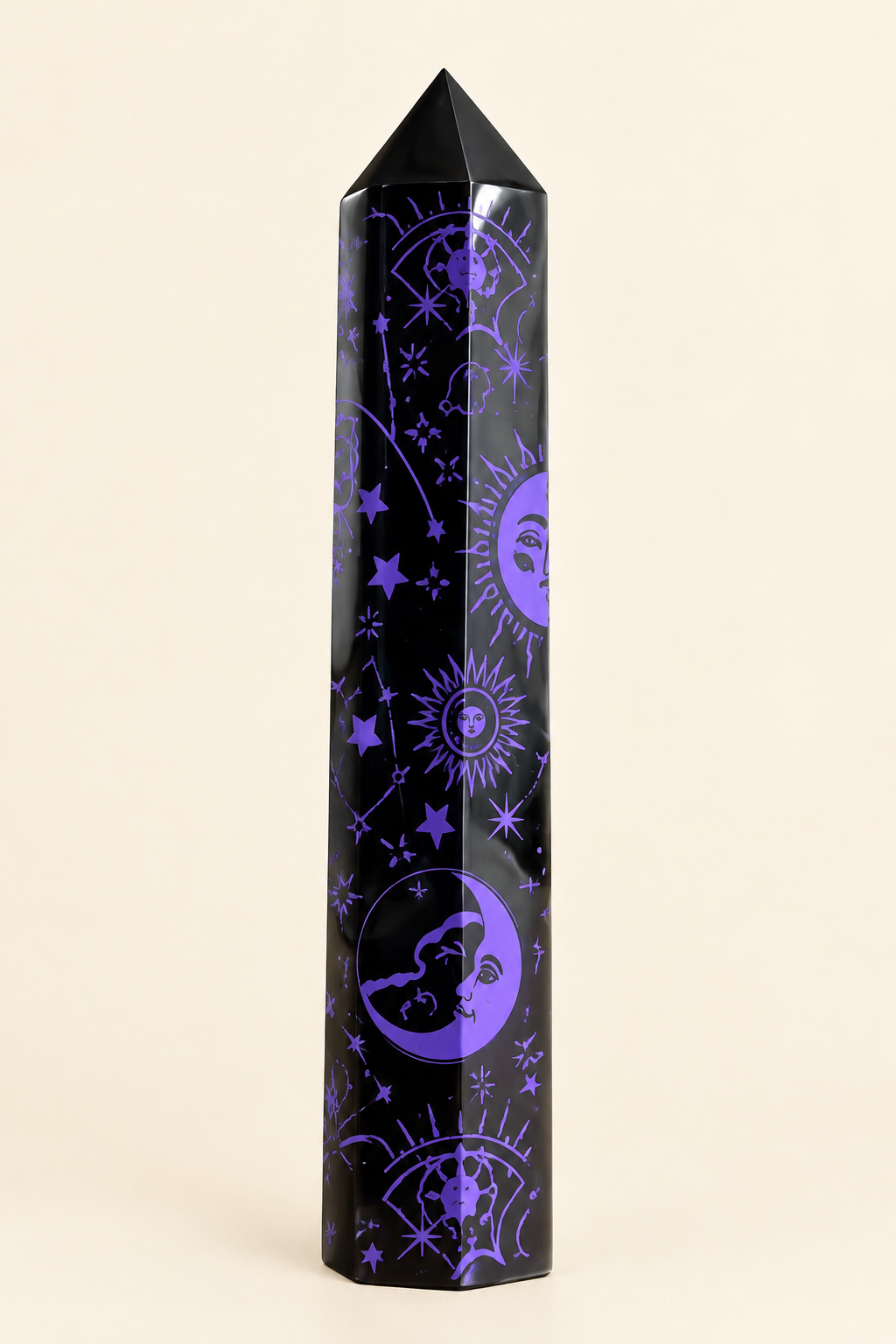 Obelisco ossidiana serigrafato viola su avorio