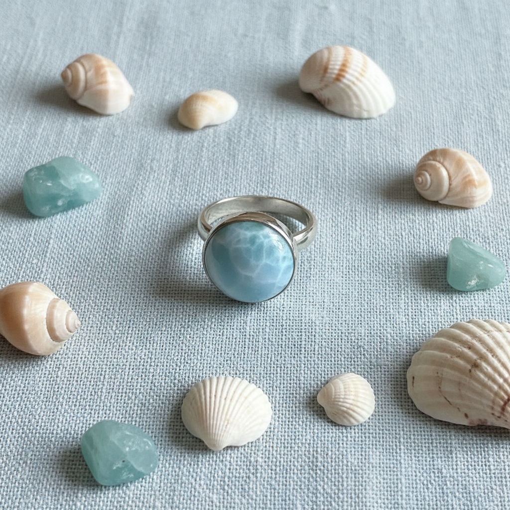Anello Statement in Argento con Larimar Naturale Rotondo Grande - flat lay lino azzurro