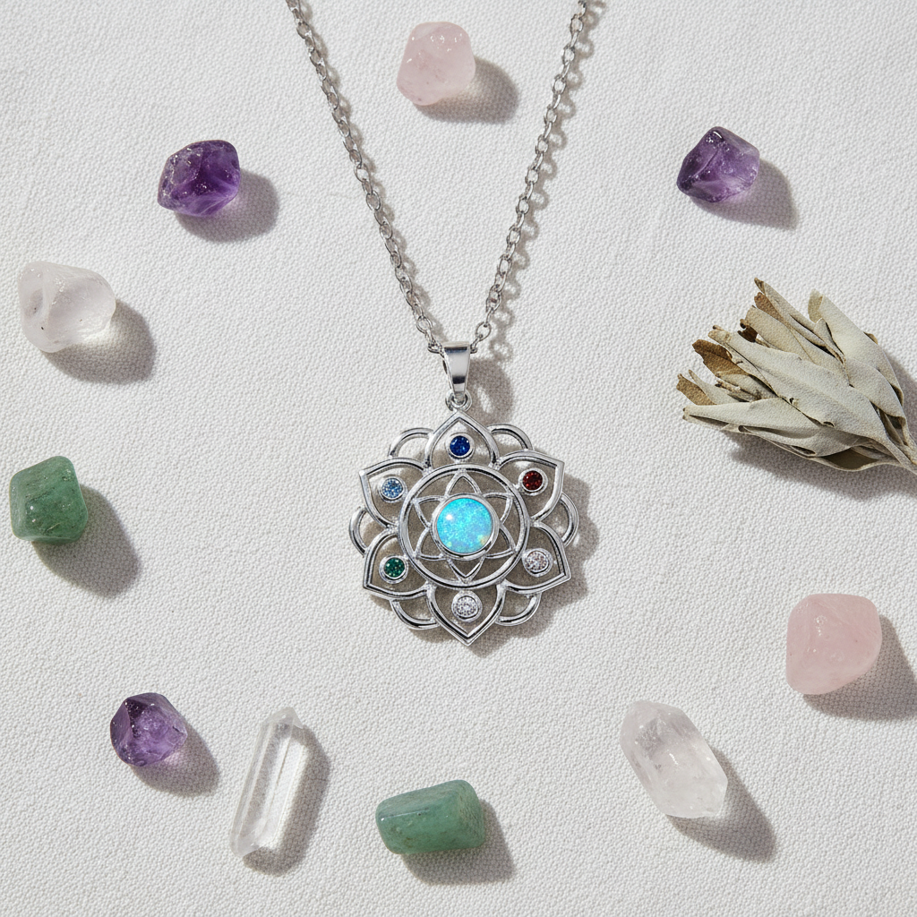 Collana 7 Chakra in Argento con Opale Etiope - flat lay lino