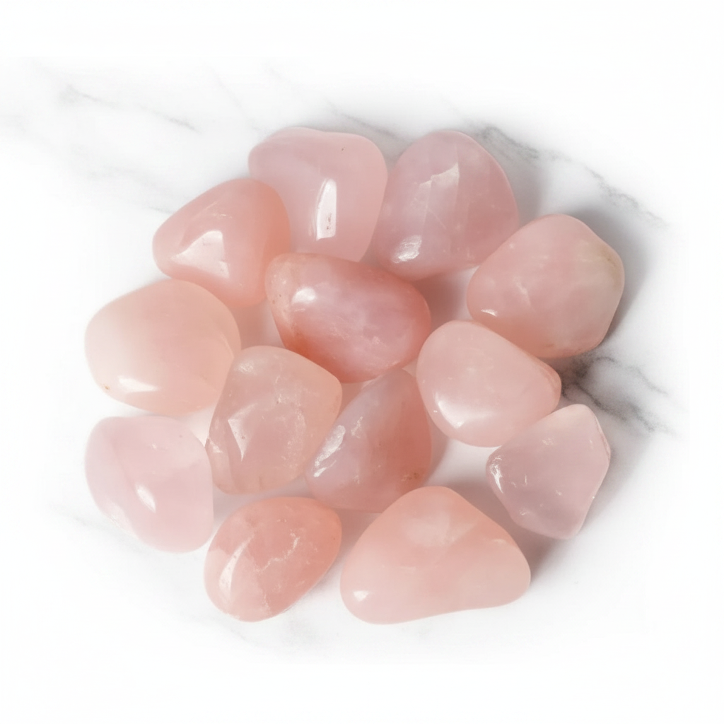 Quarzo rosa burattato - flatlay su marmo