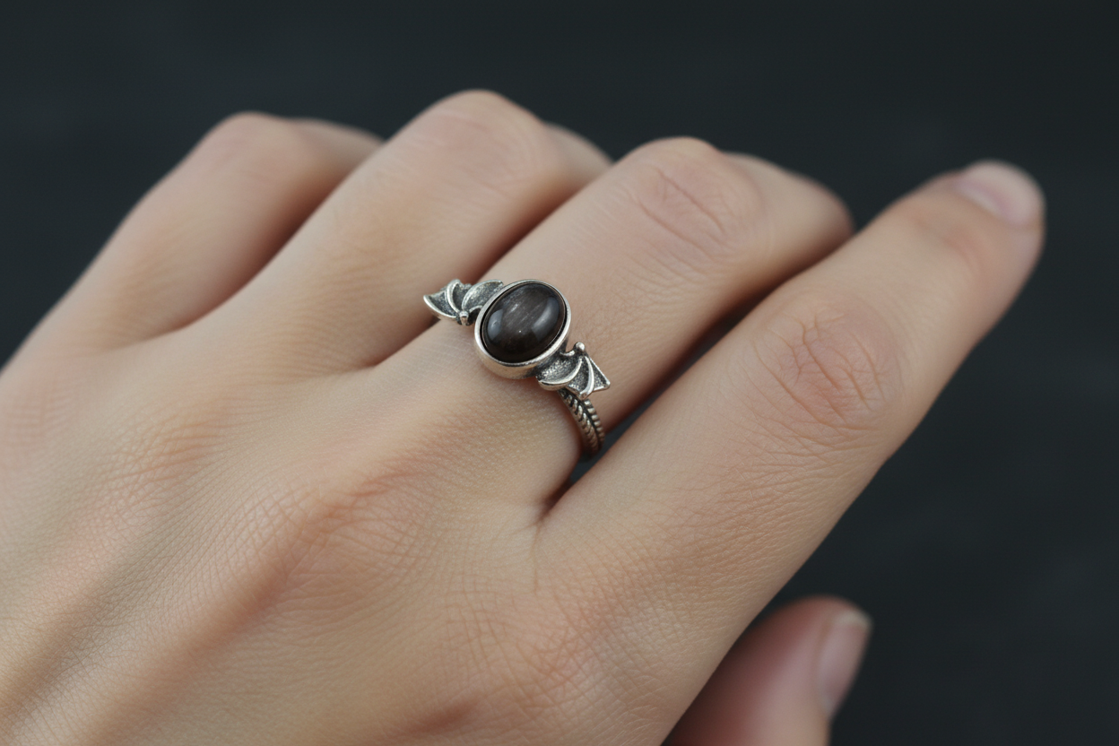 Anello pipistrello ossidiana silver indossato - luce naturale