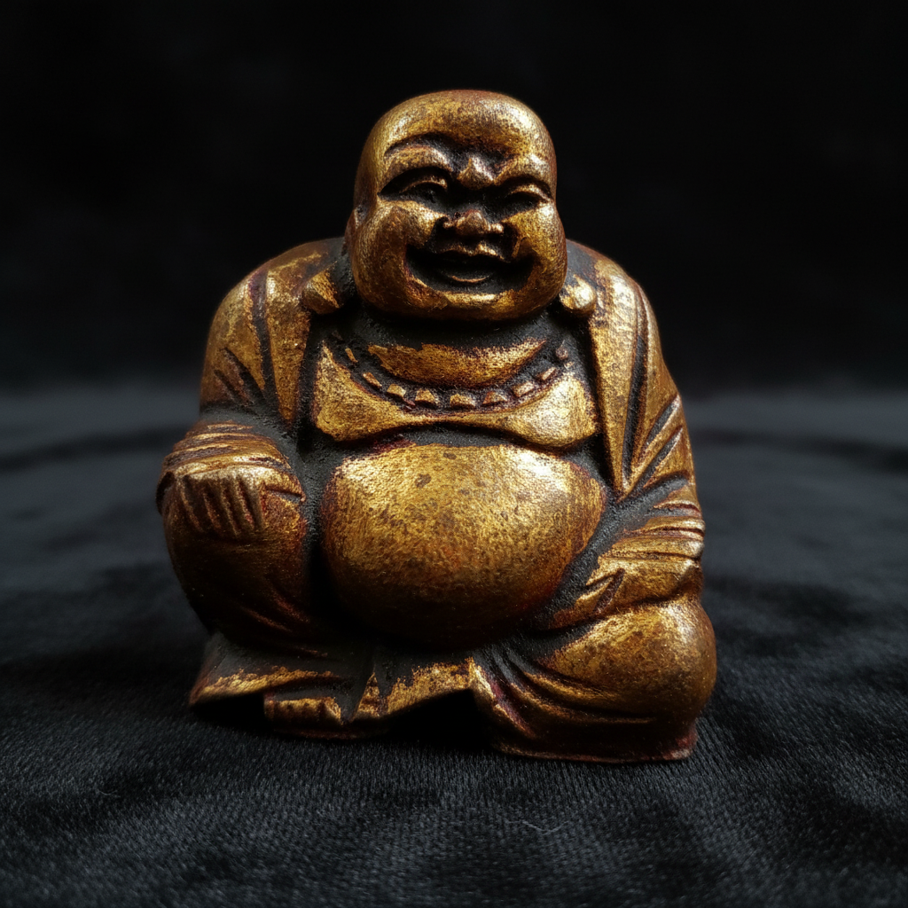 Buddha ridente legno dorato - macro dettaglio su velluto scuro