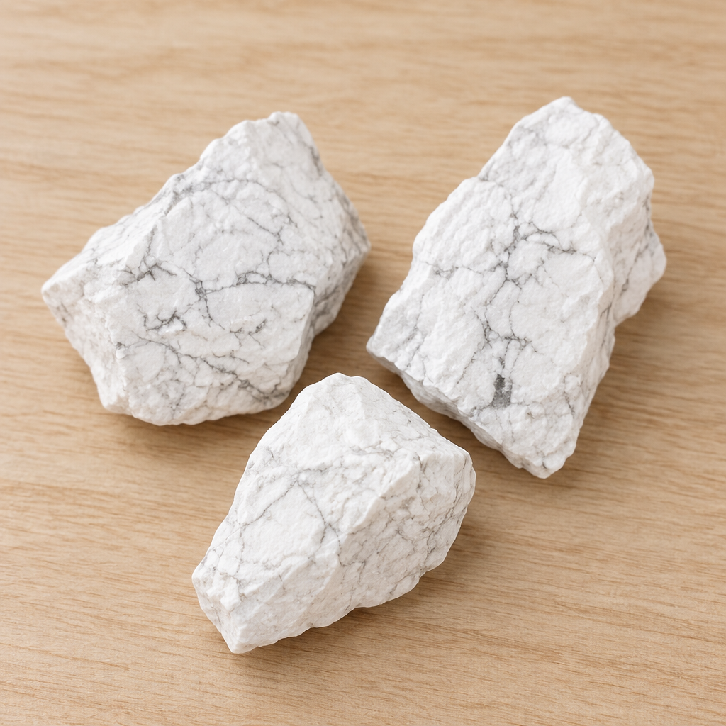 Pezzi di howlite bianca su legno