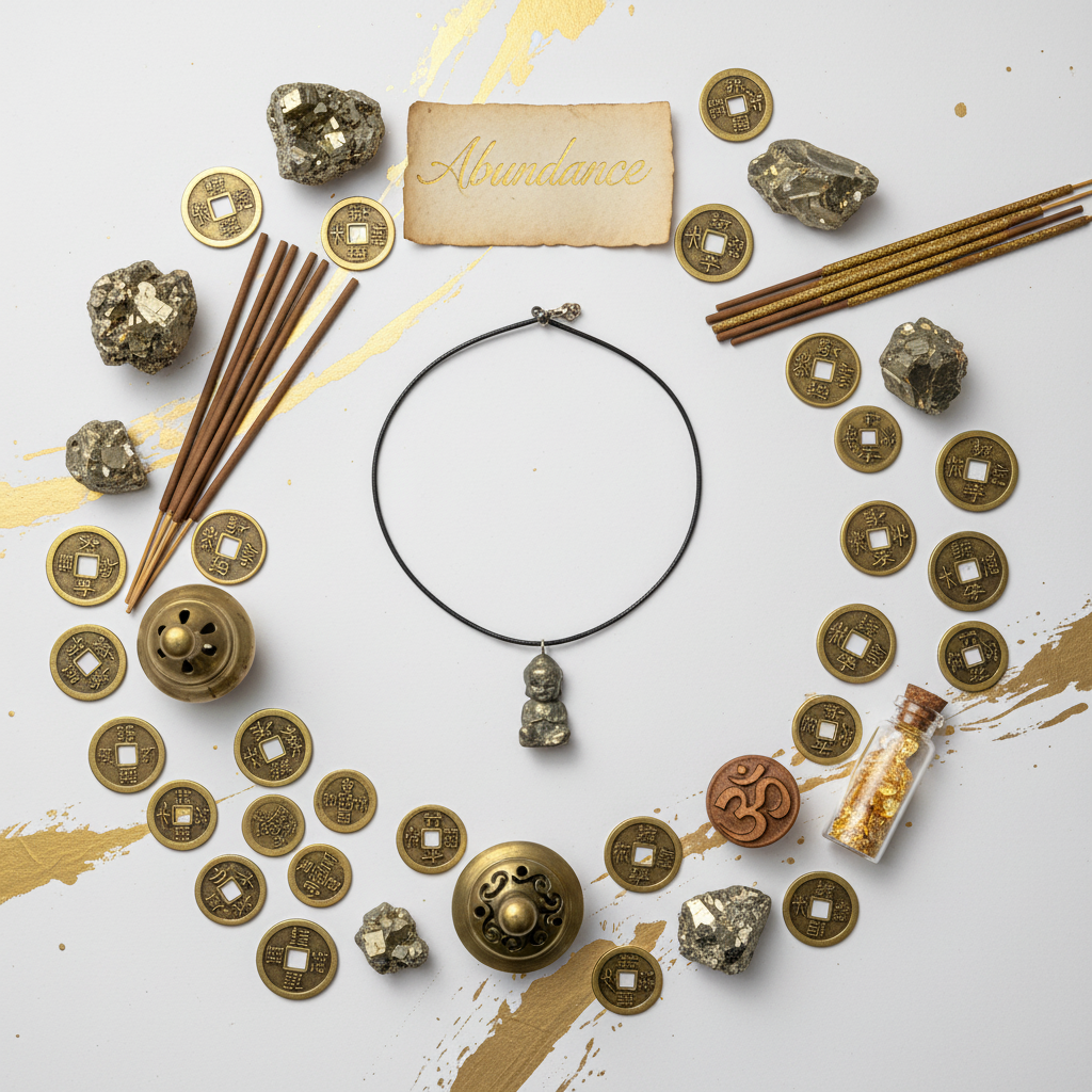Flat lay abbondanza Buddha Pirite