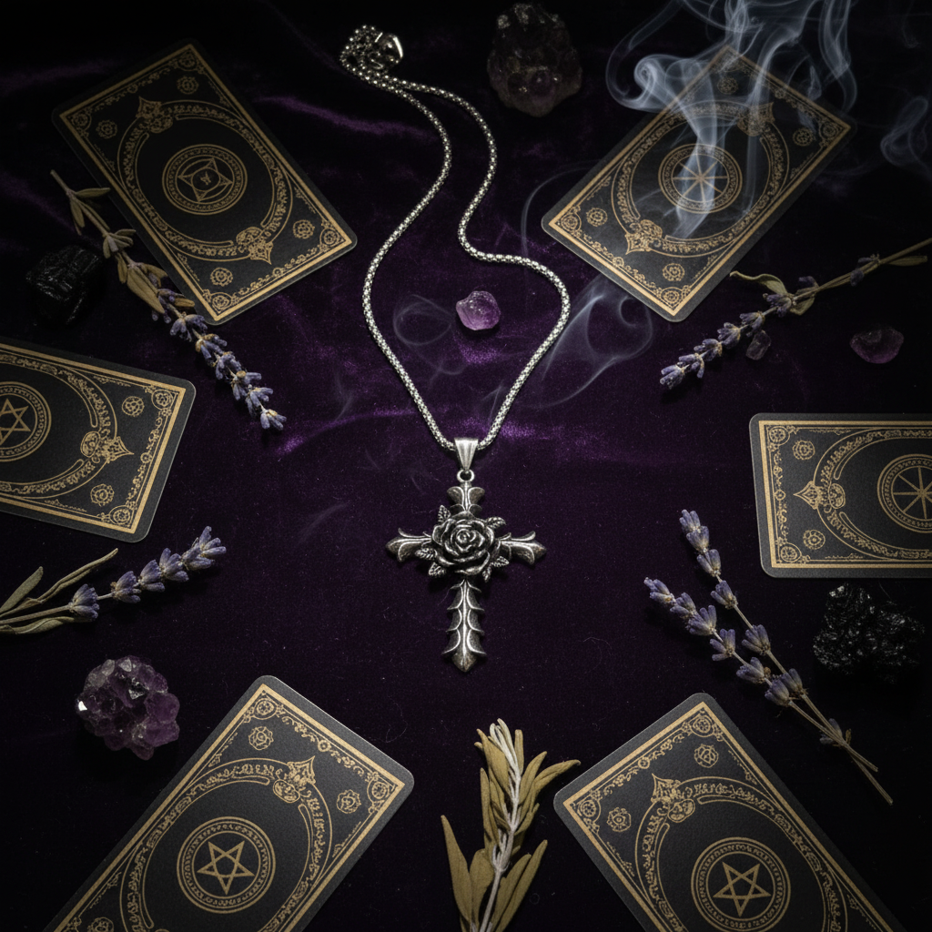 Collana Croce Gotica con Rosa - composizione esoterica con tarocchi e cristalli