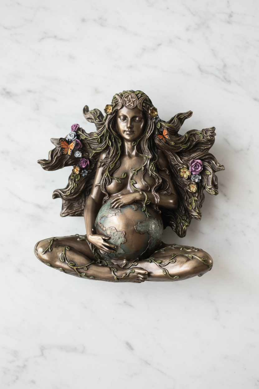 Statua Gaia flatlay su marmo