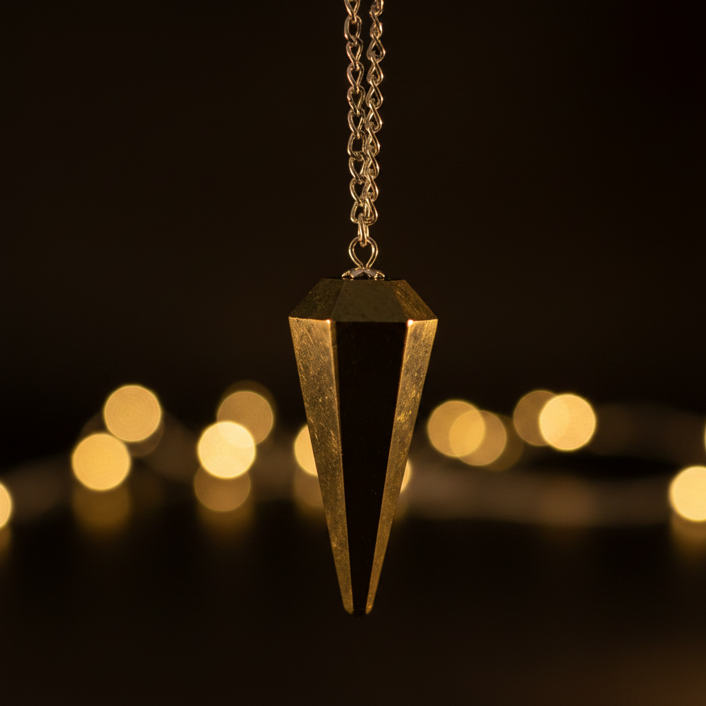 Pendolo in pirite sospeso con luce di candela che illumina le sfaccettature