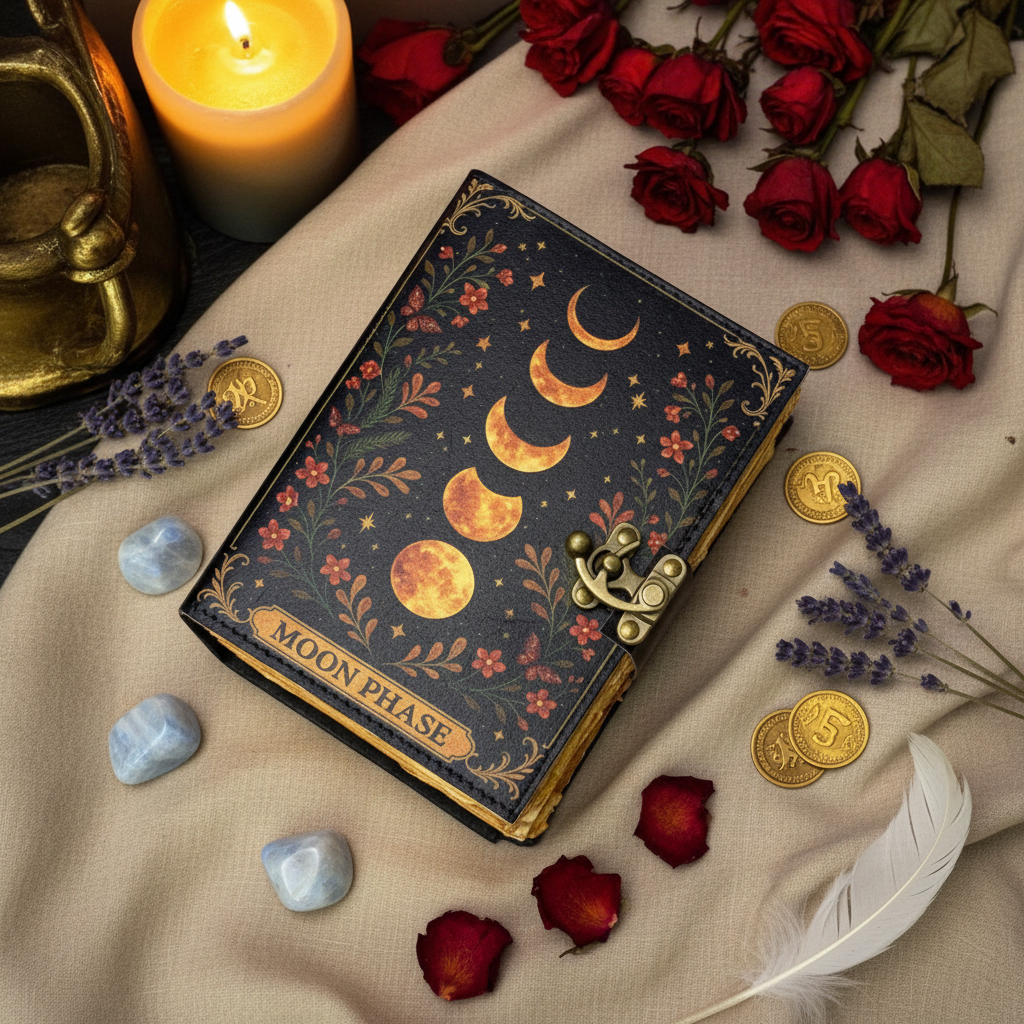 Grimorio Moon Phase - flatlay lino con moonstone e rose rosse