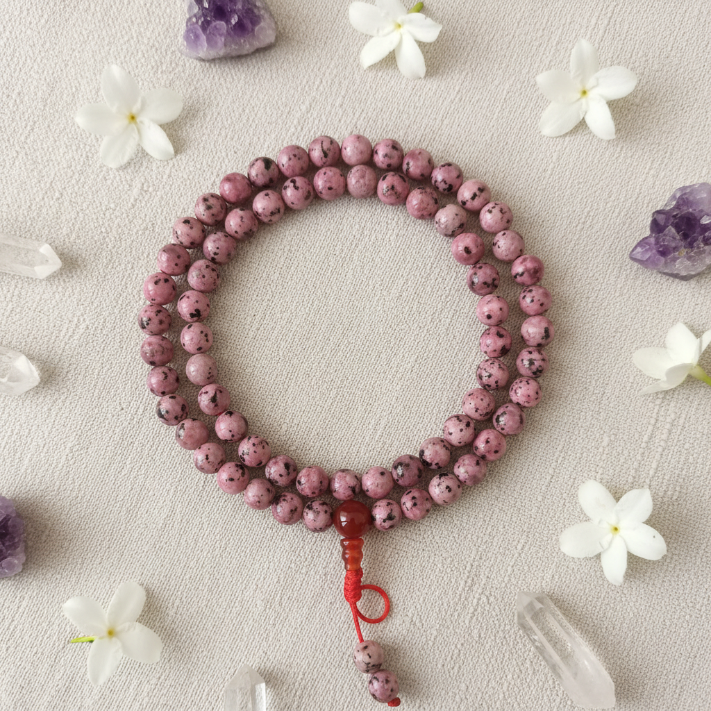 Japamala apatite africana rosa - composizione con fiori e cristalli