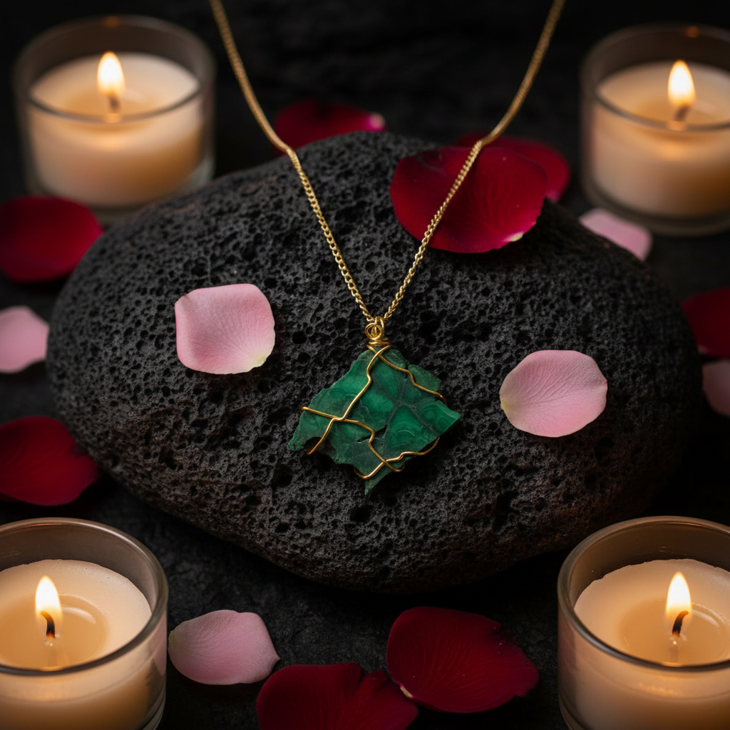 Collana Malachite Grezza Grande Artigianale - sfondo pietra vulcanica