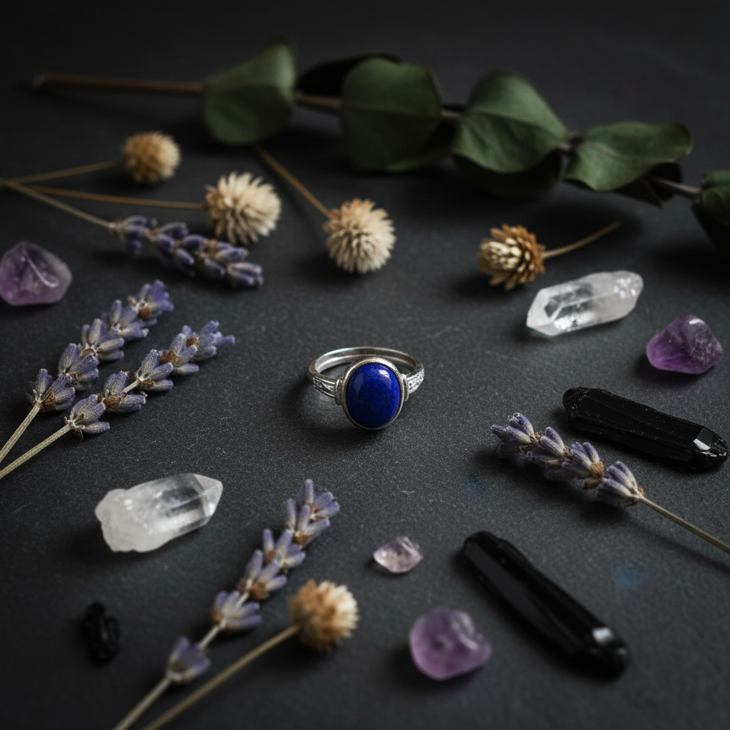 Anello lapislazzuli - flat lay esoterico