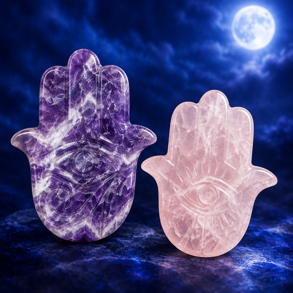 Hamsa in quarzo rosa e ametista chevron su blu