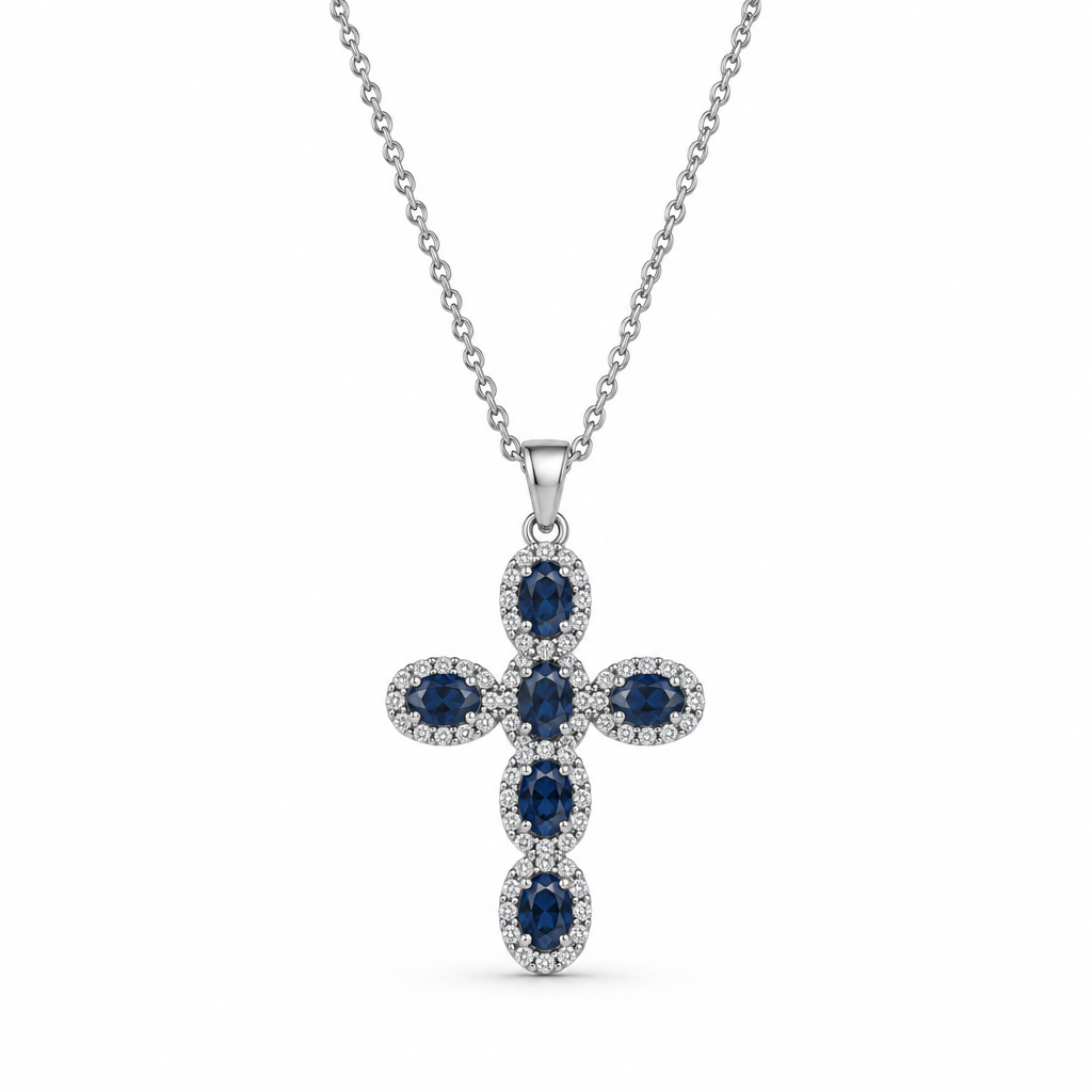Collana in acciaio inox con croce zirconata blu