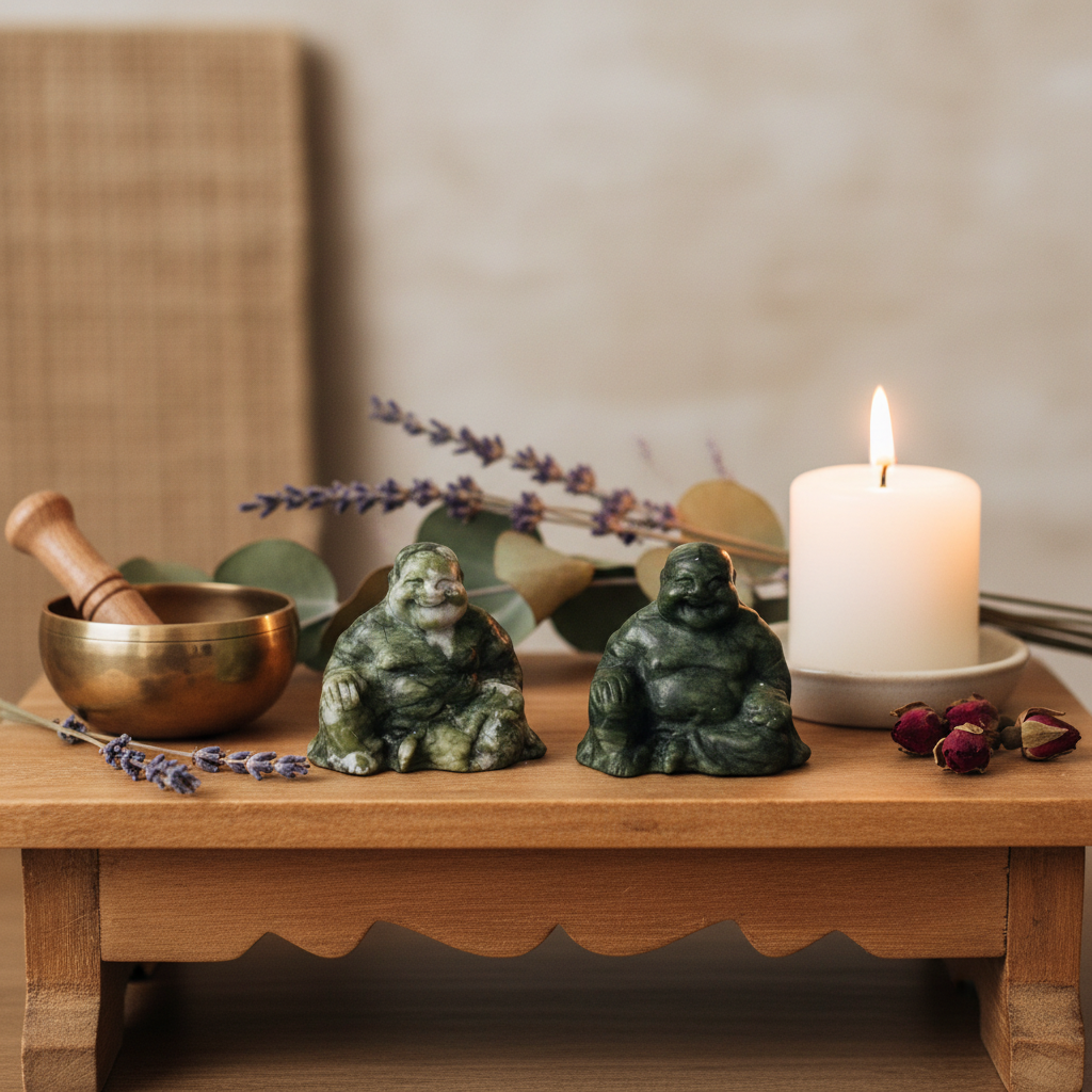 Buddha Piccolo in Giada Verde - lifestyle altare con campana
