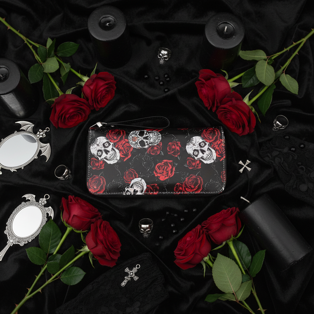 Portafoglio Teschi e Rose - flat lay dark con rose e candele