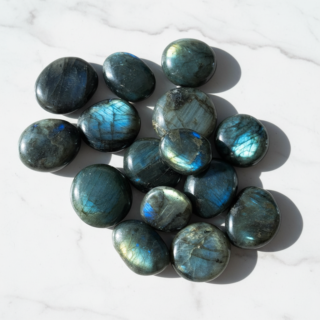 Palmstone labradorite scura - flatlay su marmo