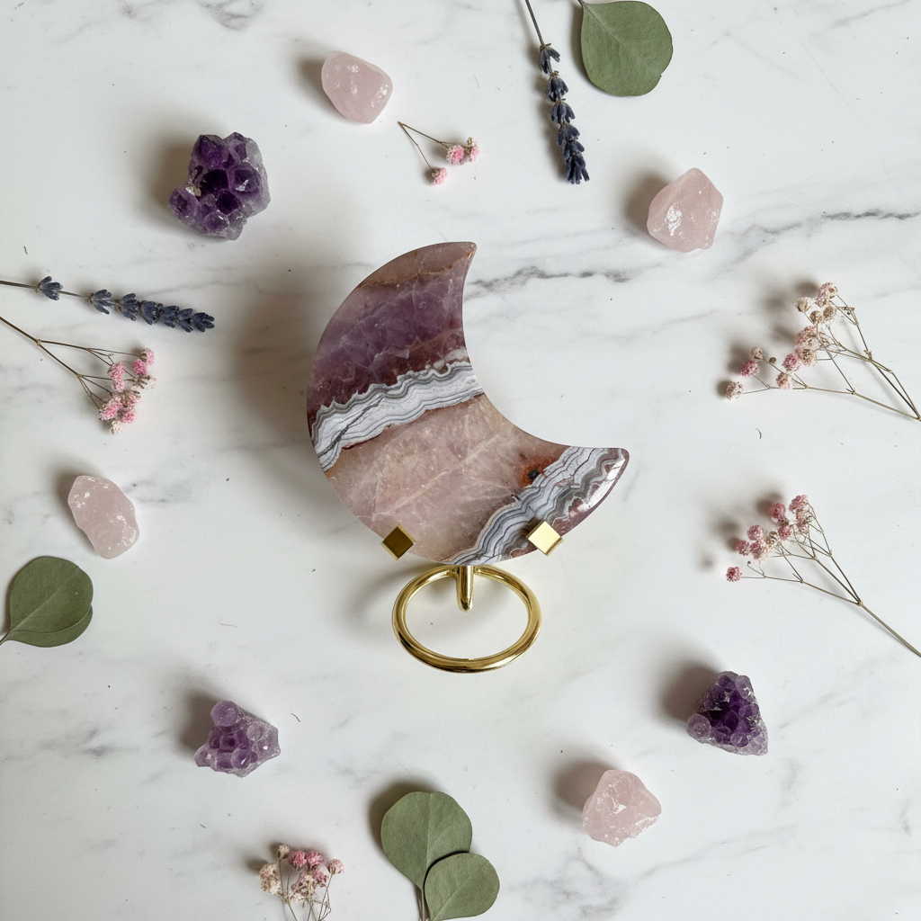 Luna in Ametista con Agata - flatlay su marmo