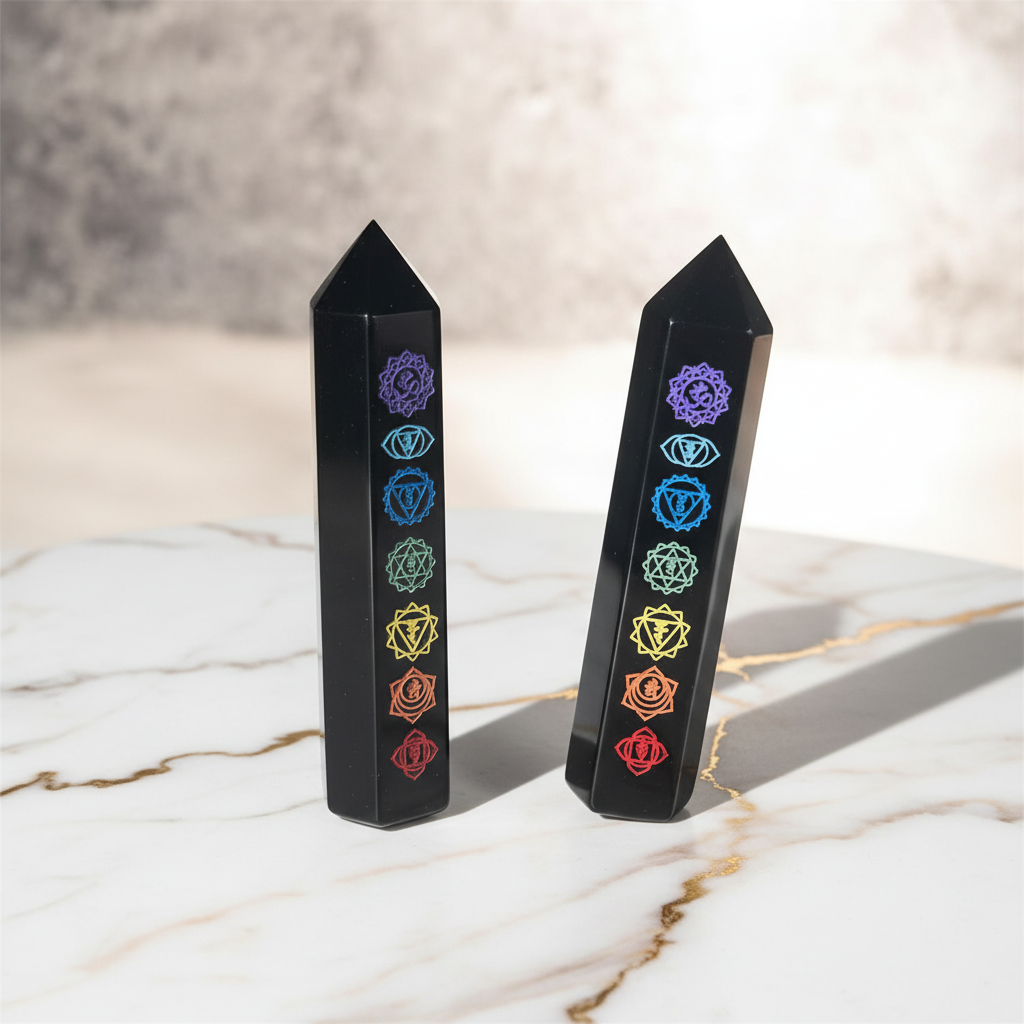 Torri di ossidiana nera con 7 chakra incisi su sfondo marmo bianco e oro