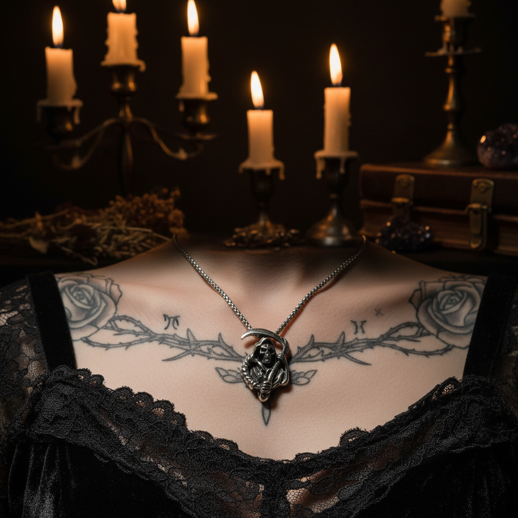 Collana Santa Muerte indossata - mood gotico