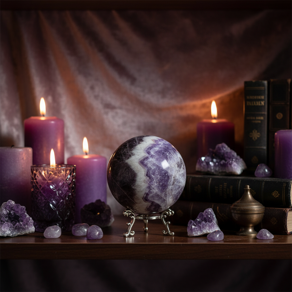 Sfera Ametista Chevron lifestyle mensola con candele viola