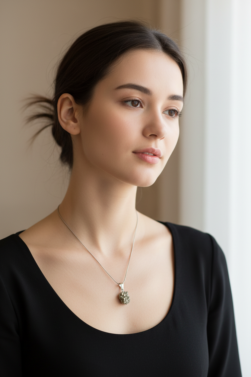Collana pirite grezza indossata donna luce naturale