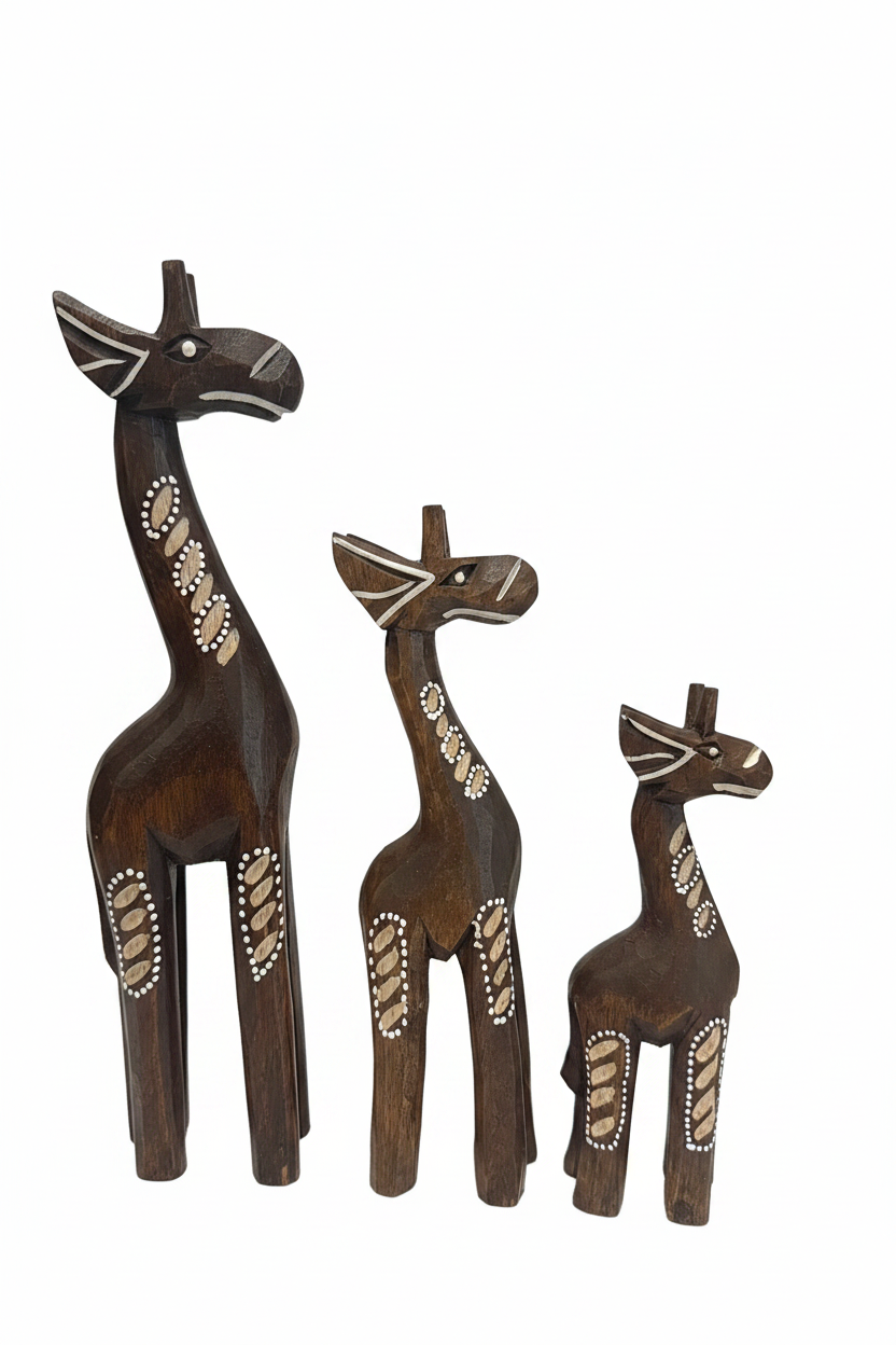 Giraffa intagliata Indonesia - trio S M L sfondo bianco