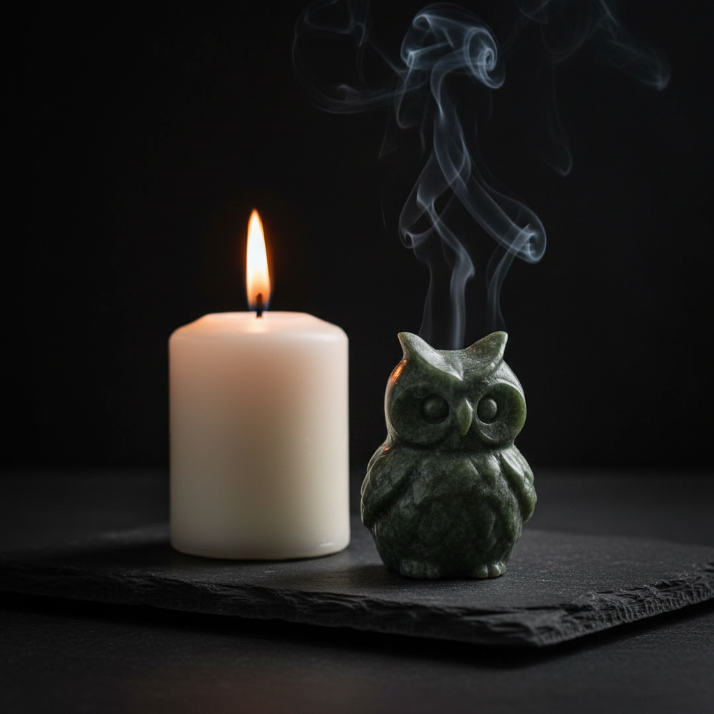 Gufo in Giada Verde - candela bianca con fumo