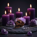 Teschio Decorativo Drusa Ametista su altare esoterico con candele viola