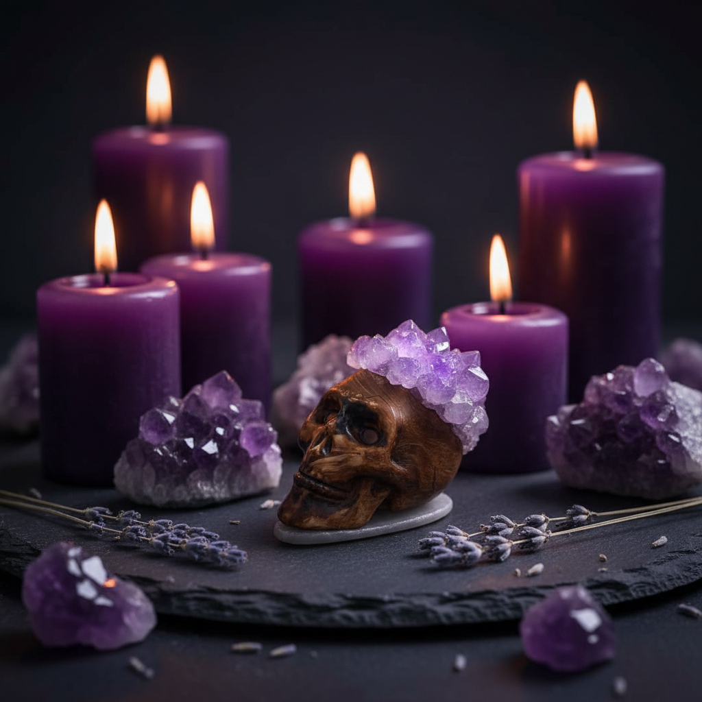 Teschio Decorativo Drusa Ametista su altare esoterico con candele viola