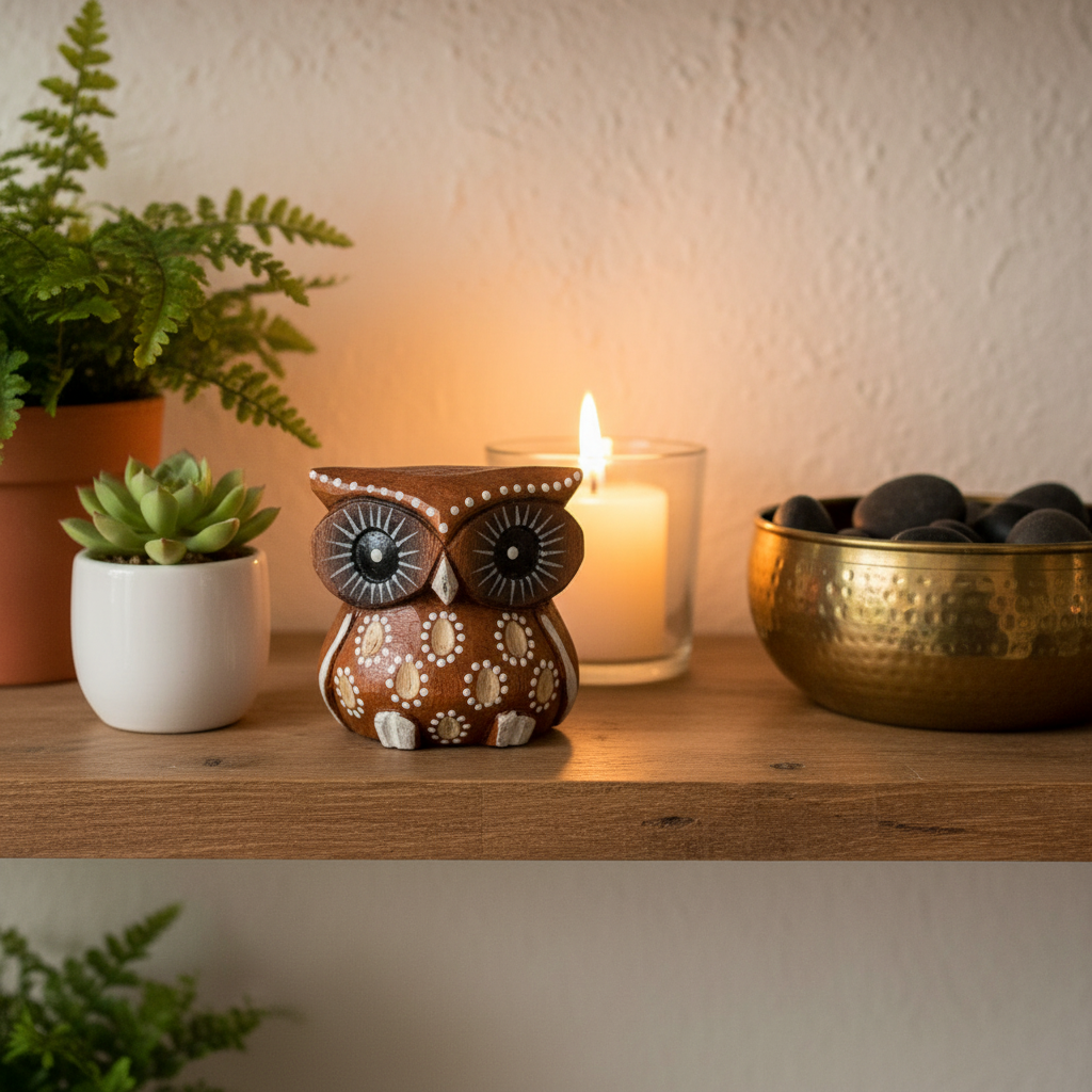 Civetta in legno lifestyle con candela e piante