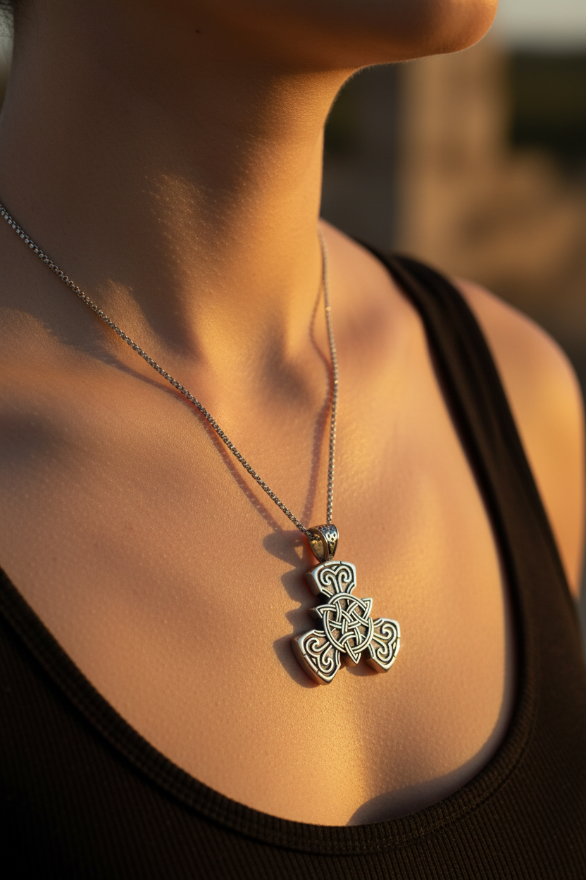 Collana Triskelion indossata - luce dorata