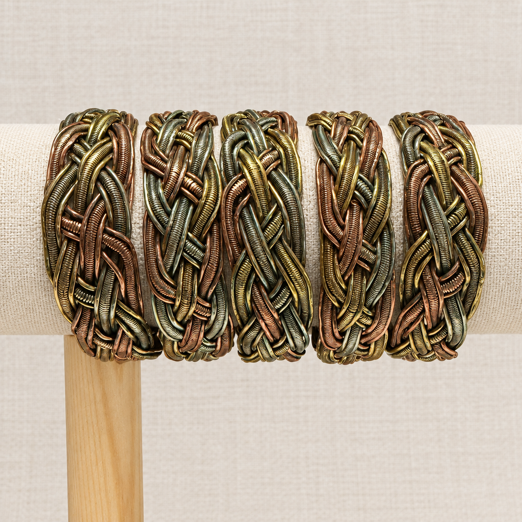 Bracciali intrecciati sull’espositore, sfondo lino chiaro