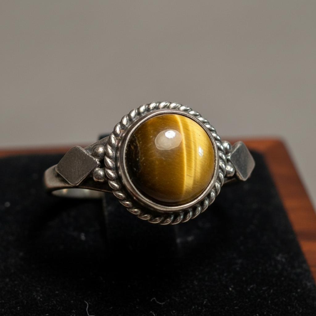Anello Vintage in Argento con Occhio di Tigre Naturale - close-up chatoyant