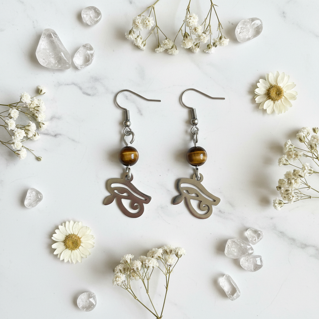 Orecchini Occhio di Horus flat lay marmo bianco