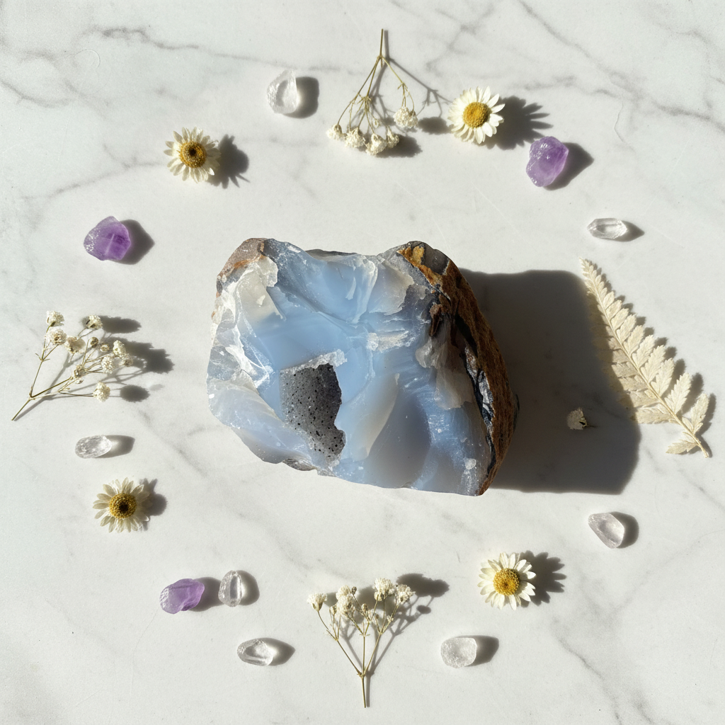 Fetta di Agata Naturale flat lay marmo con cristalli e fiori